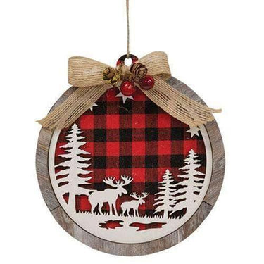 Wooden Red & Black Plaid Moose Scene Ornament - The Fox Decor